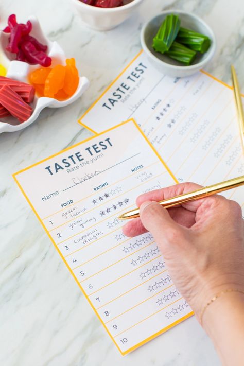 A taste test is such a fun and unexpected activity to try with friends! Download our taste test score sheet and set up a taste test for your next gathering. Food Rating Sheet, Taste Test Score Card, Pickle Tasting Party, Food Judging Score Card, Taste Testing Party Ideas, Lemonade Business, Group Activities For Adults, Iceland Christmas, Best Friend Test