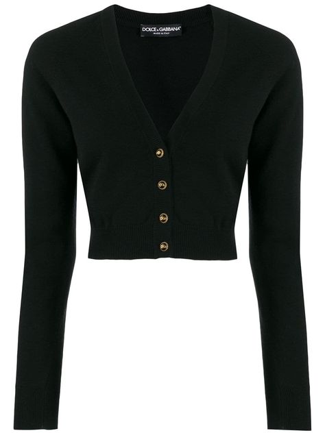 Stay stylishly warm with this black cashmere cropped V-neck cardigan from Dolce & Gabbana. Featuring long sleeves, a front button fastening, a fitted silhouette, a ribbed hem and cuffs and a straight hem. Heist Books, Dolce And Gabbana Shirt, Cardigan Black, Dolce E Gabbana, V Neck Cardigan, Fashion Design Clothes, Cashmere Cardigan, Cropped Cardigan, Dream Clothes