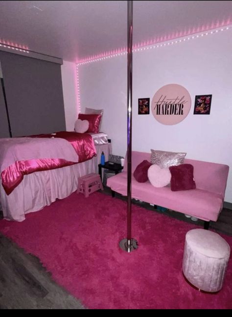 Baddie Bed Frame, Strip Pole In Bedroom, Private Strip Room, Dancing Pole In Bedroom, Room With Pole, Pink Baddie Bedroom, Bedroom With Pole, Dance Pole In Bedroom, Pole In Bedroom