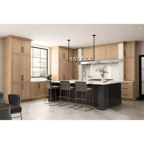 Classic Kitchen Style, White Oak Kitchen Cabinets, White Oak Cabinets, Honey Oak Cabinets, White Oak Kitchen, Kitchen Island Cabinets, Upper Kitchen Cabinets, Black Island, Black Kitchen Island