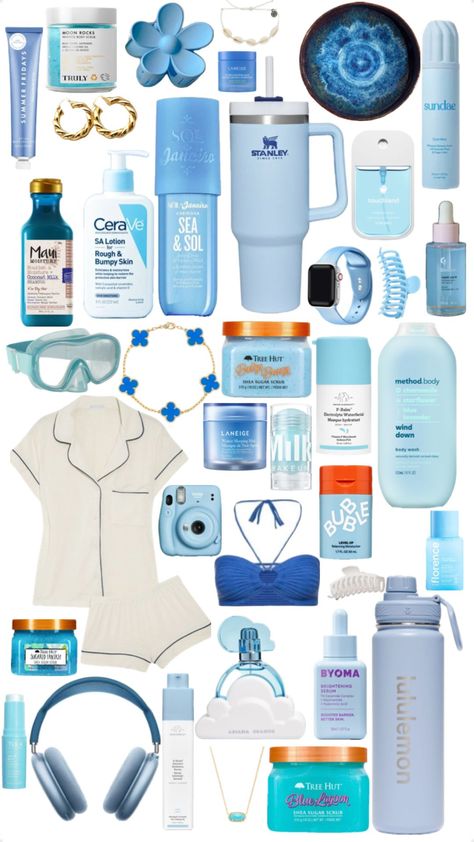 #blue #bluewishlist #blueaesthetic #aesthetic #wishlist #cute #skincare #clothes #makeup Girly Things Aesthetic Blue, Blue Back To School Supplies, Blue Gift Aesthetic, Blue Skincare Products, Blue Basket Gift Ideas, Blue Items Aesthetic, Coastal Skincare, Blue Birthday Basket, Blue Makeup Products