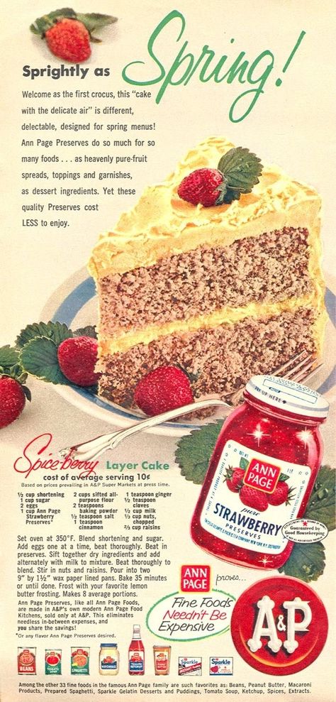 Spiceberry Layer Cake - magazine recipe for A & P and Ann Page Strawberry Preserves. Vintage Strawberry Cake, Berry Layer Cake, Textile Portfolio, Magazine Recipe, Cake Magazine, Creamsicle Cake, Grandmothers Kitchen, Magazine Recipes, Strawberry Preserves