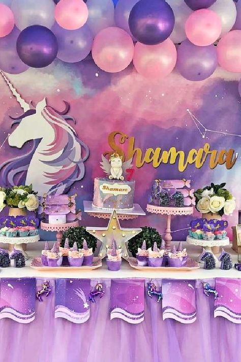 Take a look at this gorgeous purple unicorn birthday party! What a pretty dessert table! See more party ideas and share yours at CatchMyParty.com #catchmyparty #partyideas #unicorn #unicornparty #girlbirthdayparty Unicorn Dessert Table, Unicorn Birthday Party Ideas, Galaxy Unicorn, Kids Party Tables, Unicorn Desserts, Girls Birthday Party Themes, Search Party, Space Birthday Party, Birthday Unicorn