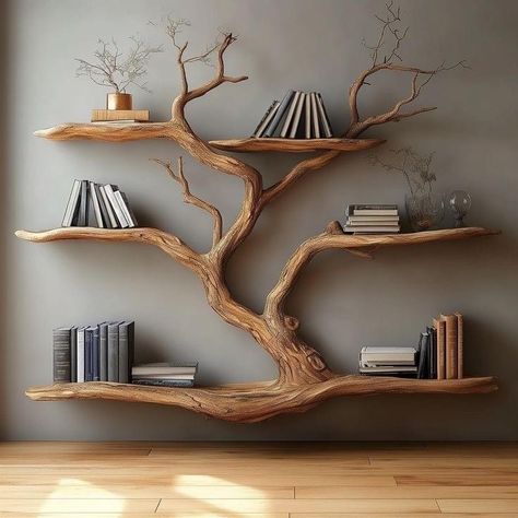 Branch Aesthetic, Violet Bathroom, Tree Shelves, Duck Ideas, Tree Bookcase, Interesting Houses, Wall Bookshelf, Tree Bookshelf, Floating Corner Shelves