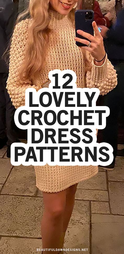 Womens Jumper Dress Sewing Pattern, Crochet Free Dress Patterns, Crochet Womens Dress Free Pattern, Crochet Sweater Dress Pattern Free Dresses, Crochet Jumper Dress Pattern, Long Sleeve Dress Crochet Pattern, Crochet Long Sleeve Dress Free Pattern, Crochet Winter Dress Pattern, Long Sleeve Crochet Dress Pattern