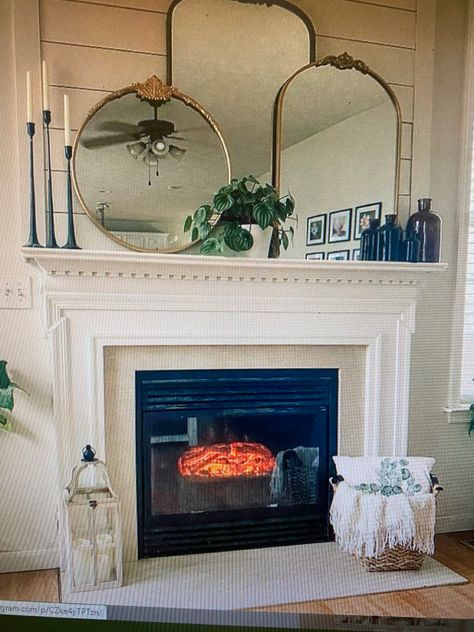 Layer Mirrors On Mantle, Round Mirror Over Fireplace Mantels, Multiple Mirrors On Mantle, Mirrors Above Fireplace Mantle, Gold Mirror Fireplace Mantle, Layering Mirrors Mantle, Stacked Mirrors On Mantle, Layered Mantle Decor Mirror, Gold Mirror Mantle Fire Places