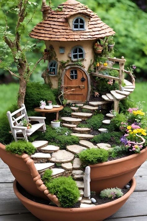 Outdoor Fairy Garden Ideas, Diy Fairy House, Fairy Pots, Christmas Fairy Garden, Beach Fairy Garden, Halloween Fairy Garden, Magical Landscape, Tree Indoor, Fairy Garden Ideas