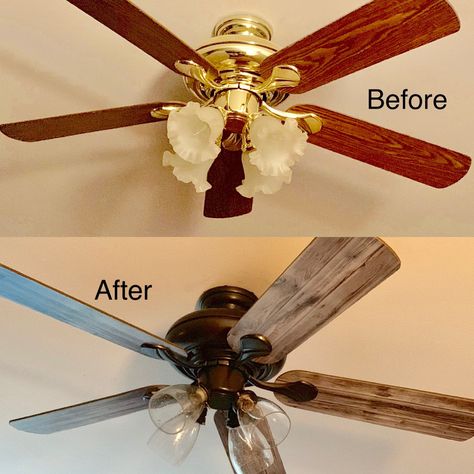 Ceiling fan makeover-Sprayed with oil rubbed bronze paint over the base, old barn contact paper over fan blades, updated glass bulb covers. Diy Fan Makeover, Upgrading Ceiling Fan, Updating Old Ceiling Fans, Spray Painted Ceiling Fan, Spray Painting Ceiling Fan, Fan Makeover Ceiling, Upcycle Ceiling Fan Globes, Old Ceiling Fan Makeover, Upgrade Ceiling Fan Diy