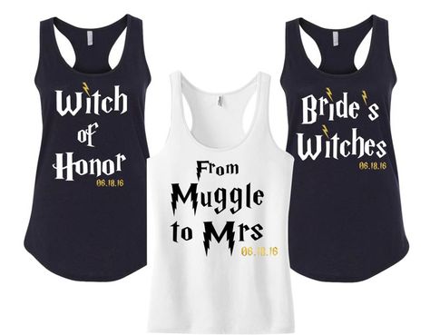 If you’re not going totally Harry Potter with your wedding theme (or even if you are), why not use it as the basis for your hen party? Travel in style in this ‘Muggle to Mrs’ top from 86 Level St Design, and have your bridesmaids rock the ‘Bride’s Witches’ tees. From Muggle To Mrs, Harry Potter Wedding Ideas, Muggle To Mrs, Harry Potter Bachelorette Party, Harry Potter Bachelorette, Harry Potter Bridal Shower, Midland Hotel, Bridesmaid Tank Tops, Harry Potter Wedding Theme