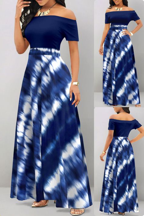 Tie-Dye Fun in a Maxi! ✨ This flowy navy dress features a stunning patchwork of tie-dye prints, creating a one-of-a-kind look for any party. The soft, comfy fabric (95% polyester, 5% spandex) drapes beautifully and flatters any figure. An off-the-shoulder neckline and short body sleeves keep you cool, while a hidden zipper closure ensures easy wear. #tiedye #patchworkdress #maxidress #summerparty #pinterestinspiration #flowydress #comfystyle #partydress #offtheshoulderdress #summervibes Short Sleeve Maxi Dress, Short Sleeve Maxi Dresses, Sleeve Maxi Dress, Patchwork Dress, Comfy Fashion, Navy Shorts, Clothes Ideas, Navy Dress, Maxi Dress With Sleeves