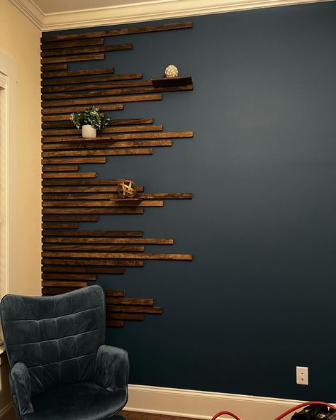 Dark Wall With Wood Slats, Podcast Wall Decor, Vinyl Wood Wall, Black Wall With Wood Slats Living Room, Diagonal Wood Slat Accent Wall, Wood Slate Accent Wall With Shelves, Salon Suite Wall Ideas, Ideas Para Decorar Paredes, Renter Friendly Accent Wall Wood