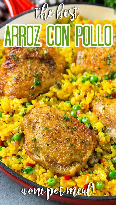 This recipe for Spanish Arroz con Pollo is a one pot meal that’s full of tender chicken thighs, creamy saffron rice and vegetables – the perfect quick and easy dinner! Spanish Chicken Recipes, Yellow Rice Recipes, Pollo Recipe, Chicken And Rice Recipe, Spanish Chicken, Chicken Rice Recipes, Boricua Recipes, Saffron Rice, Spanish Recipes