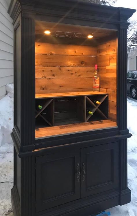 Armour Bar Cabinet, Whiskey Bar Cabinet Ideas, Armoire Liquor Cabinet, Bookcase Turned Into Bar, Cool Liquor Cabinet, Alcohol Cabinet Ideas Living Room, Bourbon Storage Bar Cabinets, Entertainment Center Converted To Bar, Refurbished Liquor Cabinet