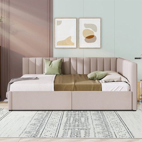 Latitude Run® Gerniya Upholstered Daybed | Wayfair Sofa Bed Guest Room, Bed With Underbed, Metal Daybed With Trundle, Bed At Night, Metal Daybed, Bed In Corner, Under Bed Drawers, Upholstered Daybed, Daybed With Trundle