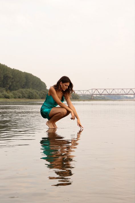 Walking On Water Pictures, Water Stool Photoshoot, Photography In Water Photo Shoots, Dam Photoshoot Ideas, Water Fall Photoshoot, Standing On Water Photoshoot, Sandbar Photoshoot, Senior Picture River, Walk On Water Photoshoot