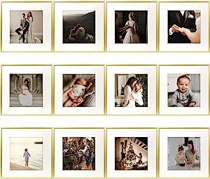 Amazon.com - Golden State Art, 12x12 Aluminum Frame for 8x8 Photo Display - Metal Wall Mounting Square Photo Frame Collection with Ivory Color Mat and Real Glass (Gold, 12-Pack) - 3 Picture Frames On Wall Layout Gold, 11x14 Picture Frame, Gallery Wall Frame Set, Frame Molding, Wall Frame Set, Metal Photo Frames, Square Photo, Wood Photo Frame, Collage Picture Frames