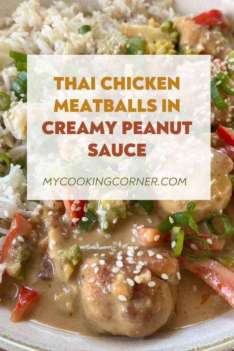 Indulge in the exotic flavors of Thailand with our succulent Thai Chicken Meatballs in Creamy Peanut Sauce. Tender chicken meatballs bathed in a luxurious peanut sauce, served over fragrant coconut rice, and topped with crunchy toppings. A culinary journey awaits! #ThaiFood #ChickenRecipes #PeanutSauce #AsianCuisine #MeatballRecipes Thai Chicken Meatballs With Peanut Sauce, Meatballs Rice, Thai Chicken Meatballs, Crunchy Toppings, Meatballs And Rice, Thai Peanut Chicken, Peanut Chicken, Thai Chicken, Coconut Rice