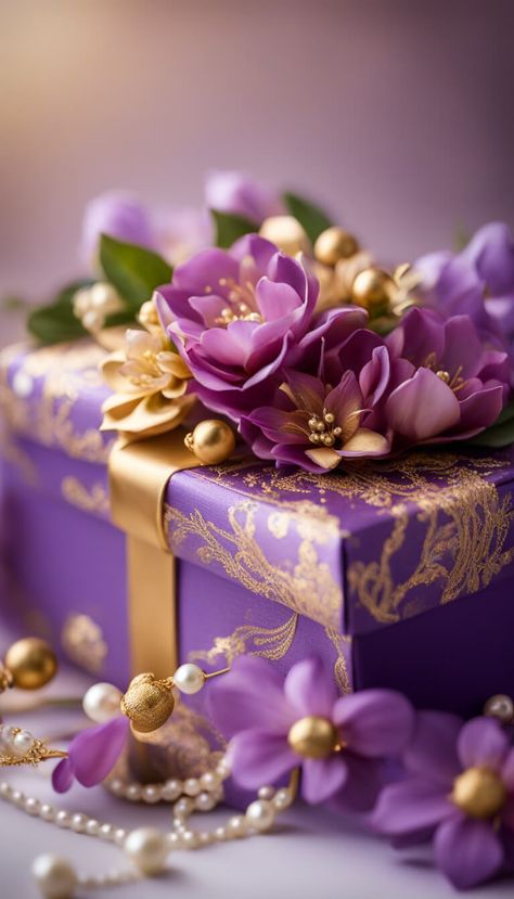 Wedding gift box in purple and gold - AI creation Forever Wallpaper, Gold Door, Iqbal Poetry, Gold Gift Boxes, Happy Birthday Pictures, Wedding Gift Boxes, All Things Purple, Birthday Pictures, Girly Jewelry