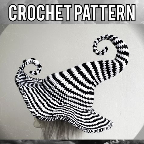 Please note this listing is for a digital crochet PATTERN which will be immediately downloadable, not a finished item! ❉ What you get! Create a whimsical and creepy two-colour Mesmer Witch Hat for yourself with this 15 Page pattern!  This pattern includes a mixture of written instructions and photos.  The Mesmer Witch Hat is entirely wire-free and it's structure will come purely from your clever stitching! The front brim curl is entirely optional and can also be worked into the back of the hat's Witch Hat Pattern Crochet, Crochet Costumes Free Pattern, Crochet Which Hat, Twisted Witch Hat Crochet Pattern, Crochet Halloween Costume Patterns Free, Crochet Witches Hat Pattern Free, Halloween Crochet Costumes, Whimsical Crochet Patterns, Whimsigoth Crochet Patterns