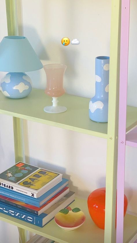 Danish Pastel Shelf Decor, Danish Pastel Bookshelf, Funky Painted Bookshelf, Pastel Bookshelf, Pastel House Decor, Modern Pastel Bedroom, Pastel Shelves, Crazy Interior Design, Pastel Bedroom