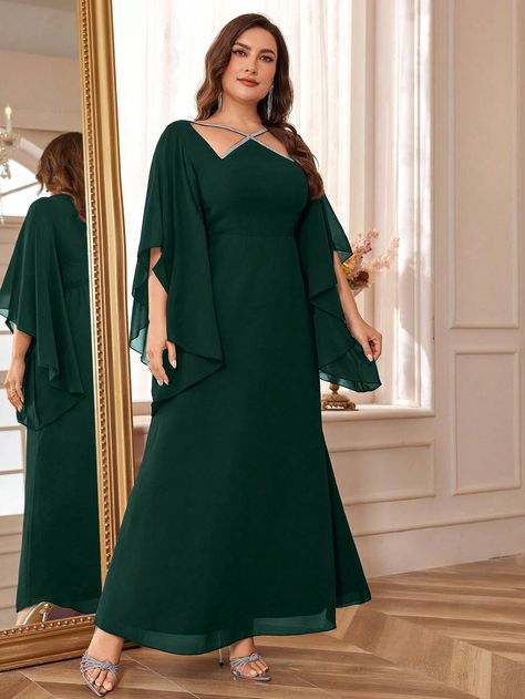 Plus Size Formal Evening Gown (Embellished) Green Party  Short Sleeve Woven Fabric Colorblock,Plain Fitted Non-Stretch  Weddings & Events, size features are:Bust: ,Length: ,Sleeve Length: Plus Size Emerald Green Gown Evening Dresses, Plus Size Gowns Formal Wedding Parties, Green Dresses With Cape Sleeves For Festive Occasions, Plus Size Emerald Green Velvet Dress, Plus Size Green Velvet Dress, Green Plus Sized Formal Dress, Plus Size Gowns Formal, Long Dress Plus Size, Plus Size Formal