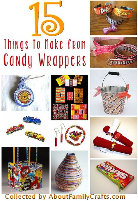 15 Candy Wrapper Crafts | About Family Crafts Tootsie Roll Wrapper Crafts, Candy Wrapper Collage, Crafts About Family, Candy Wrapper Crafts, Candy Activities, Recyclable Art, Paper Recycle, Wrappers Diy, Sweet Wrappers