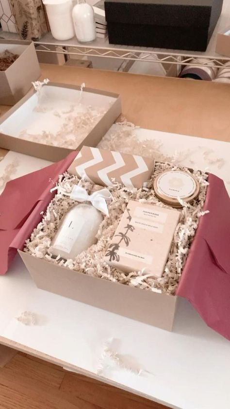 Pack a holiday curated gift box with us! | Bridal gift wrapping ideas, Gifts, Diy gifts to sell Inside Gift Box Ideas, Gift Box Inside Decoration, Beauty Gift Box Ideas, Gift Box Filling Ideas, How To Arrange Gift Boxes, Brown Box Gift Packaging Ideas, Holiday Gift Box Packaging, Basket Packing Ideas Gift, Candle Packaging Ideas Boxes Gifts