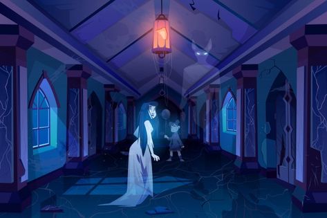 Old castle hall with ghosts walking in d... | Free Vector #Freepik #freevector #halloween #building #woman #cartoon Spooky Castle Illustration, Haunted Hallway, Castle Hall, Palace Room, Castle Dark, Ghost Walk, Old Castle, House Cartoon, Environment Props