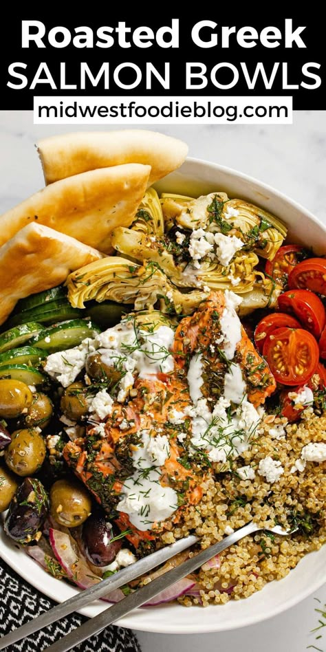 These quick and easy Greek Salmon Bowls come together in less than a half hour and are loaded with fresh veggies and quinoa tossed in a tangy, herb filled balsamic vinaigrette. You can customize these bowls to suit your family's taste or use up what you've got in the fridge! Mederteranian Bowl Recipe, Salmon Gyro Bowl, Salmon Bowl Quinoa, Tilapia Bowl Recipes, Nourishing Bowl Recipes, Fish Bowls Ideas, Salmon Greek Bowl, Mediterranean Power Bowls, Medeteranian Bowl