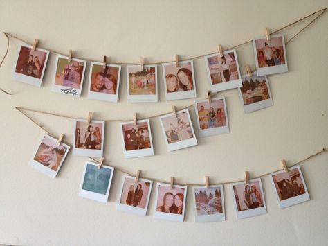 Photo craft Polaroid Wall Hanging, Hanging Photo Wall, Hanging Pictures On The Wall With String, Pictures Hanging On String, Photos Hanging Ideas, String Picture Wall Ideas, Polaroid Hanging Ideas, Photo String Display, Photo Hanging Ideas Wall