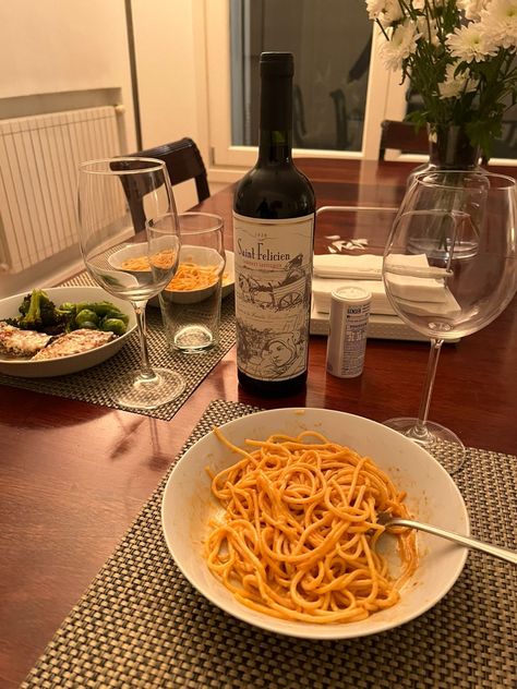 Pasta And Wine Aesthetic, Pasta Date, Wine Pasta, Aesthetic Cooking, Wine Aesthetic, Homemade Spaghetti, Pasta Night, Dinner For Two, Holiday Food