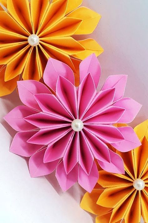 Today I am sharing 6 Easy Paper Flowers Most Views on Youtube Channel - It is a very easy and simple paper flower making tutorials for home decoration - DIY Origami Paper Flowers - Paper Craft. #Flowers #DIY #Decor Easy Paper Flowers Tutorial, Diy Paper Flower Wall, Paper Flowers Easy, Diy Wall Hanging Crafts, Simple Paper Flower, Flowers Paper Craft, Easy Origami Flower, Paper Snowflake Patterns, Paper Flowers Diy Easy