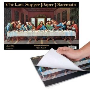 Image of a tablet of placemat printed with Leonardo da Vinci's The Last Supper. Nativity Diy, Loaves And Fishes, Lords Supper, Old Time Religion, Having Friends, Paper Placemats, Vinyl Tablecloth, Fabric Placemats, Paper Place