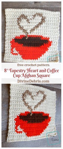 8" Tapestry Heart and Coffee Cup Afghan Square free crochet pattern by DivineDebris.com #crochet #freepattern #tapestry #coffee #afghansquares Crochet Pouches, Friends Crochet, Crochet Coffee, Yarn Ideas, Knit Blankets, Crochet Fruit, Creative Crochet, Tapestry Crochet Patterns, All Free Crochet