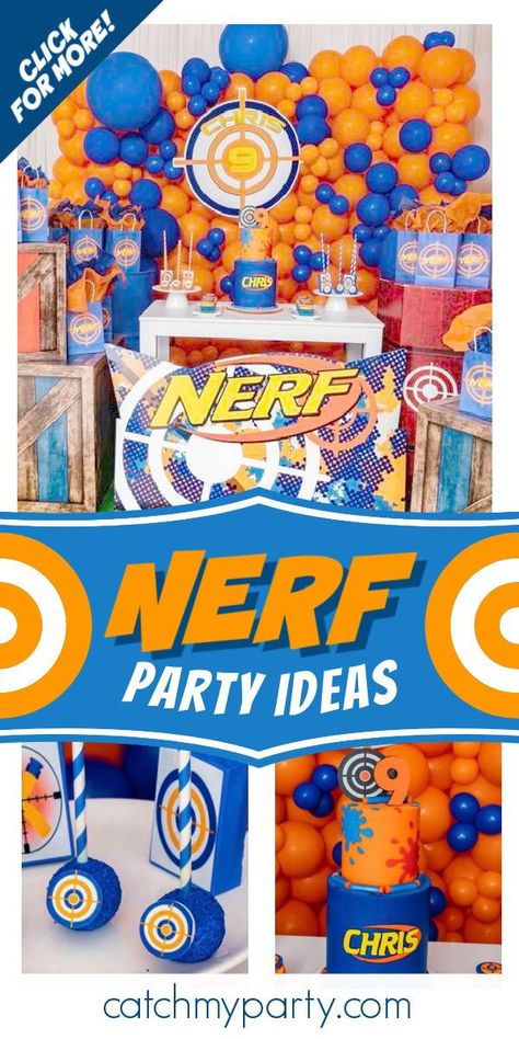 Nerf Party Backdrop, Nerf Party Decorations, Nerf Birthday Party Ideas, Nerf Cake, Comic Party, Nerf Birthday Party, Nerf Party, Birthday Drinks, 9th Birthday Parties