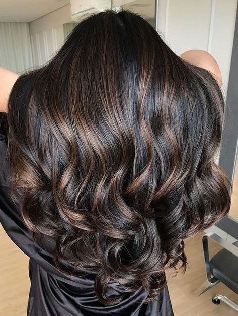 Dimension For Dark Brown Hair, Dark Brown Balayage Hair Chocolates, Chocolate Brown Highlights On Black Hair, Chocolate Brown Balayage On Black Hair, Black Hair With Dimension, Black Hair With Brown Highlights, Dark Black Hair, Dark Brown Balayage, Haircut Inspo