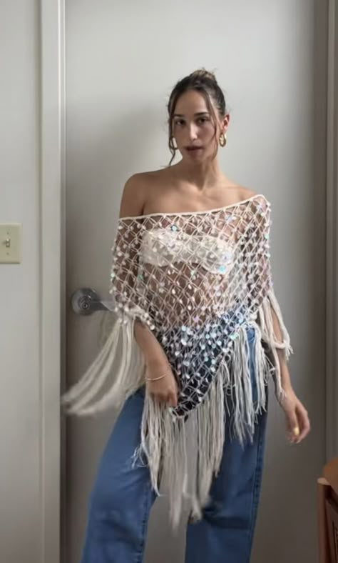 Shawl Outfits Summer, Summer Shawl Outfit, High Fashion Crochet Runway, Ethereal Festival Outfit, Crochet Coachella Outfit, Crochet Shawl Outfit, Crochet Concert Outfit, Festival Crochet Outfit, Sirencore Outfits