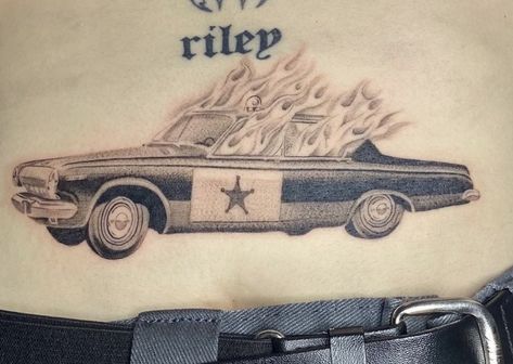 Car On Fire Tattoo, Cop Car On Fire, Burning Cop Car, On Fire Tattoo, Car On Fire, Fire Tattoo, Tattoo Sketches, On Fire, Tatting