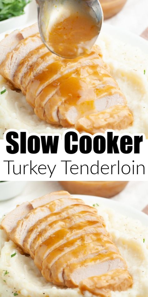 Super simple slow cooker turkey tenderloin recipe using onion soup mix to make the best gravy right in the slow cooker. Tender, lean turkey cooked in an onion soup mix gravy is wonderful served over mashed potatoes, rice, or by itself. Great for a Thanksgiving meal or an easy everyday dinner. Crockpot Turkey Tenderloin, Fall Herbs, Turkey Tenderloin Recipes, Boneless Turkey Breast, Turkey Gravy From Drippings, Homemade Turkey Gravy, Turkey Easy, Cook A Turkey, Holiday Recipes Thanksgiving