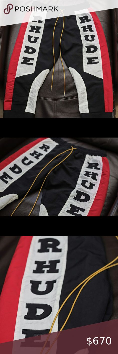 Rhude racing “logo” sweatpants *Willing to negotiate a bit send me message*   Slim-fit panelled nylon trousers in black, white, and red. Mid-rise. Four-pocket styling. Yellow drawstring at elasticized waistband. Logo appliqué in black at front legs. Zippered vent at cuffs. Mock-fly. Tonal mesh lining. Tonal logo-engraved hardware.  This is a size medium/32 but fits more like a 30 because it doesn’t have stretch.  Supplier color: Black/White/Red   100% nylon. Made in United States. rhude Pants Sw Logo Sweatpants, Racing Logo, White And Red, Black White Red, Mens Pants, Mid Rise, Black And Red, Sweatpants, Trousers