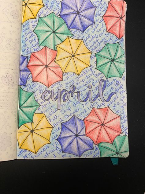 April showers and umbrellas themed bullet journal April Showers Bullet Journal, Umbrella Bullet Journal, 2024 Journaling, Month Themes, Journal Front Cover, 2025 Bujo, Bujo Themes, April Bullet Journal, Journal Notes