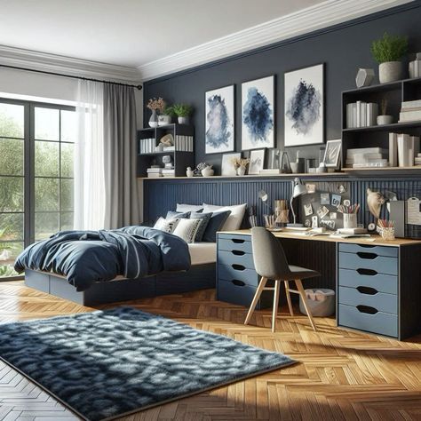 Cozy Blue Bedroom Ideas, Navy Gray Bedroom, Blue Bedroom Ideas For Boys, Dark Blue Room Aesthetic, Navy Blue Bedroom Aesthetic, Blue Room Aesthetic, Blue Bedroom Aesthetic, Navy Blue Rooms, Dark Blue Rooms