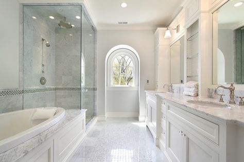 Elegant bathroom is a mixture of classic features and modern with a walk-in-shower Bathroom French, Luxury Master Bathrooms, White Bathroom Designs, Large Bathroom, Bad Inspiration, Vanity Bathroom, Subway Tiles, Stylish Bathroom, Elegant Bathroom