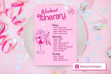 New Barbie bachelorette party invitation and weekend schedule! 🩷🤍 #barbiebride #barbiebachelorette #bacheloretteparty #bachelorettepartyideas #bride #weddinginspiration #wedding #stationery #template #barbie Barbie Bachelorette Party, Weekend Schedule, Barbie Bachelorette, Bachelorette Party Invitation, Vip Lounge, New Barbie, Barbie Bride, Bachelorette Party Invitations, Drinking Games