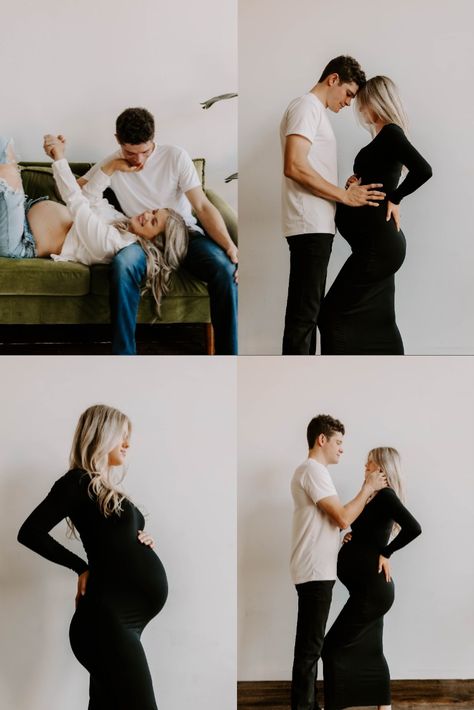 Studio Maternity Outfit Ideas, Maturity Photoshoot Indoor, Maternity Shoot Indoor Studio, Maternity Photo Outfits Couple, Studio Maternity Shoot Outfit Ideas, Maternity Photoshoot Poses Indoor, Studio Lifestyle Photography, In Studio Maternity Session Family, Maternity Couple Poses Studio