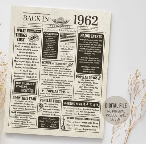 1962 Birthday Poster 60th Birthday Gift Sign 60th Birthday | Etsy Australia Birthday Newspaper, 1st Birthday Chalkboard, First Birthday Posters, 90th Birthday Gifts, Gold Poster, Birthday Poster, Poster Printable, 90th Birthday, Gifts Sign