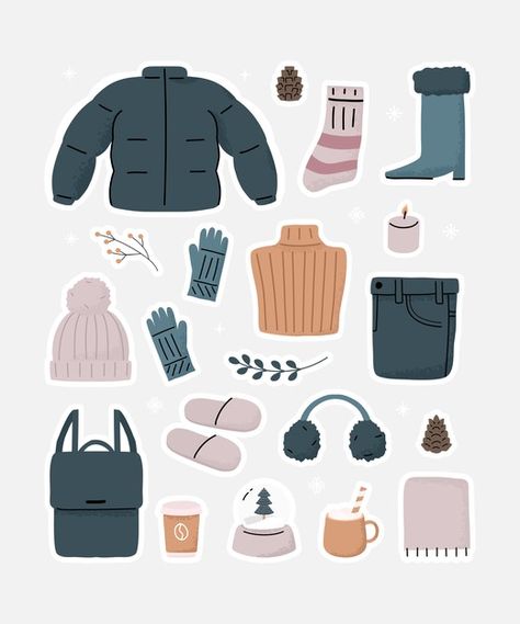 Hygge winter clothes essentials sticker ... | Premium Vector #Freepik #vector #winter #clothes #bag #shoes Winter Clothes Illustration, Winter Clothes Drawing, Cloth Illustration, Woman With Laptop, Clothes Essentials, Clothing Illustration, Hygge Winter, Winter Stickers, Elements Art