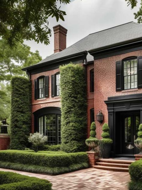 Brick House Portico, Red Brick House With Black Windows, Brick House Roof Colors, Red Brick Modern House Exterior, Red Brick House With Black Trim, Brick House Black Trim, Red Brick Black Windows, Brick House Black Windows, Gothic Townhouse