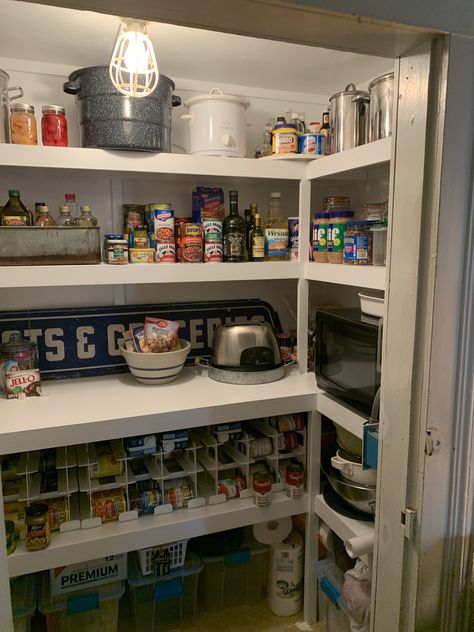 Closet turned into a pantry. Storage for pots and pans, canned goods, and dry goods. Turn Closer Into Pantry, How To Turn A Closet Into A Pantry, Closet Turned Into Pantry, Turning A Closet Into A Pantry, Pantry Redesign, Storage For Pots And Pans, Cabin Laundry Room, 1880s House, Closet Into A Pantry