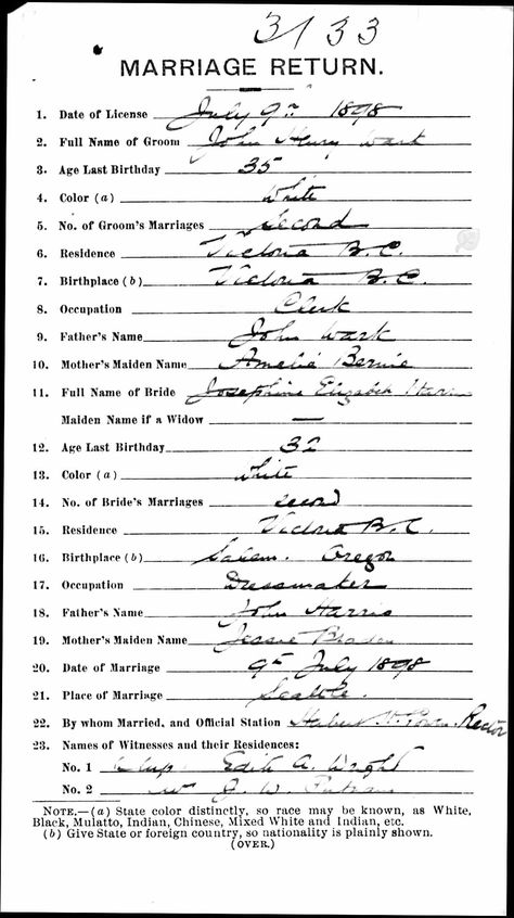 Josephine Elizabeth Harris discovered in Washington, Marriage Records, 1854-2013 Marriage Records, John Henry, Seattle Washington, Seattle, Washington